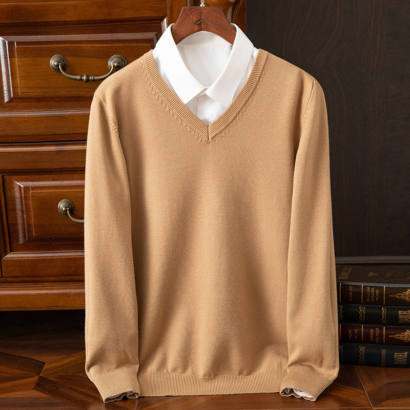 Sueter de punto con cuello en V para hombre ? Camiseta ligera de corte recto con cuello alto para estilo casual-formal