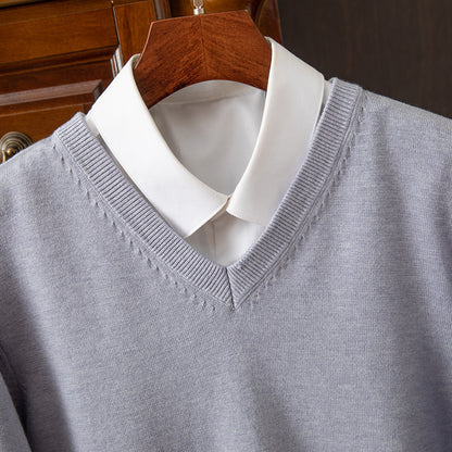 Sueter de punto con cuello en V para hombre ? Camiseta ligera de corte recto con cuello alto para estilo casual-formal