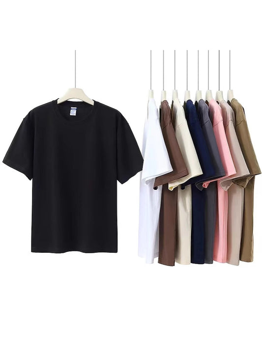 Camisetas de algodon puro de manga corta y cuello redondo con mangas holgadas para hombre y mujer.