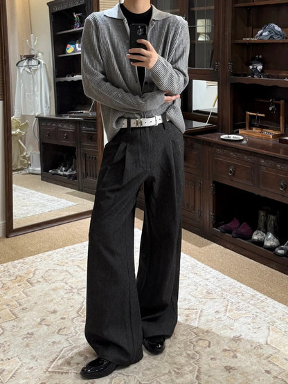 Pantalones casuales de corte en A, pernera ancha y doble pinza