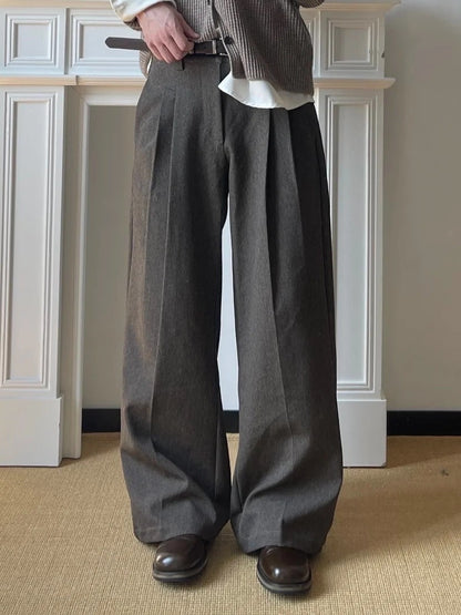 Pantalones casuales de corte en A, pernera ancha y doble pinza
