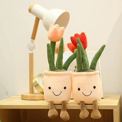 Planta de tulipán realista de 33 cm, peluche suave, flor en maceta para estantería.