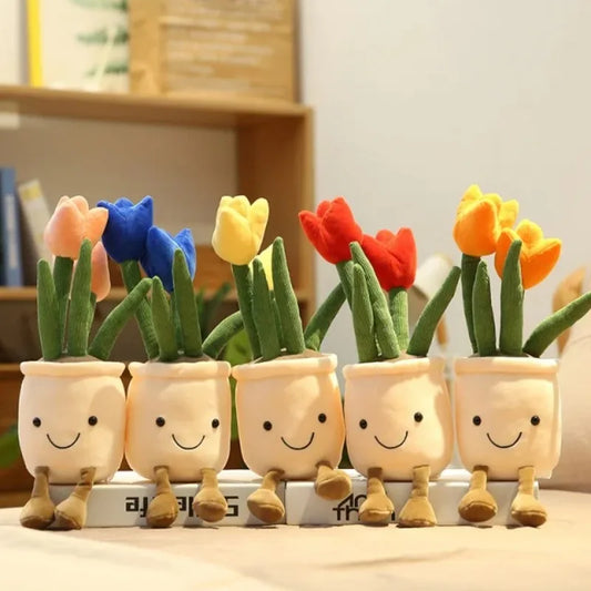 Planta de tulipán realista de 33 cm, peluche suave, flor en maceta para estantería.