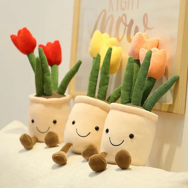Planta de tulipán realista de 33 cm, peluche suave, flor en maceta para estantería.