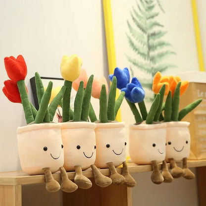Planta de tulipán realista de 33 cm, peluche suave, flor en maceta para estantería.