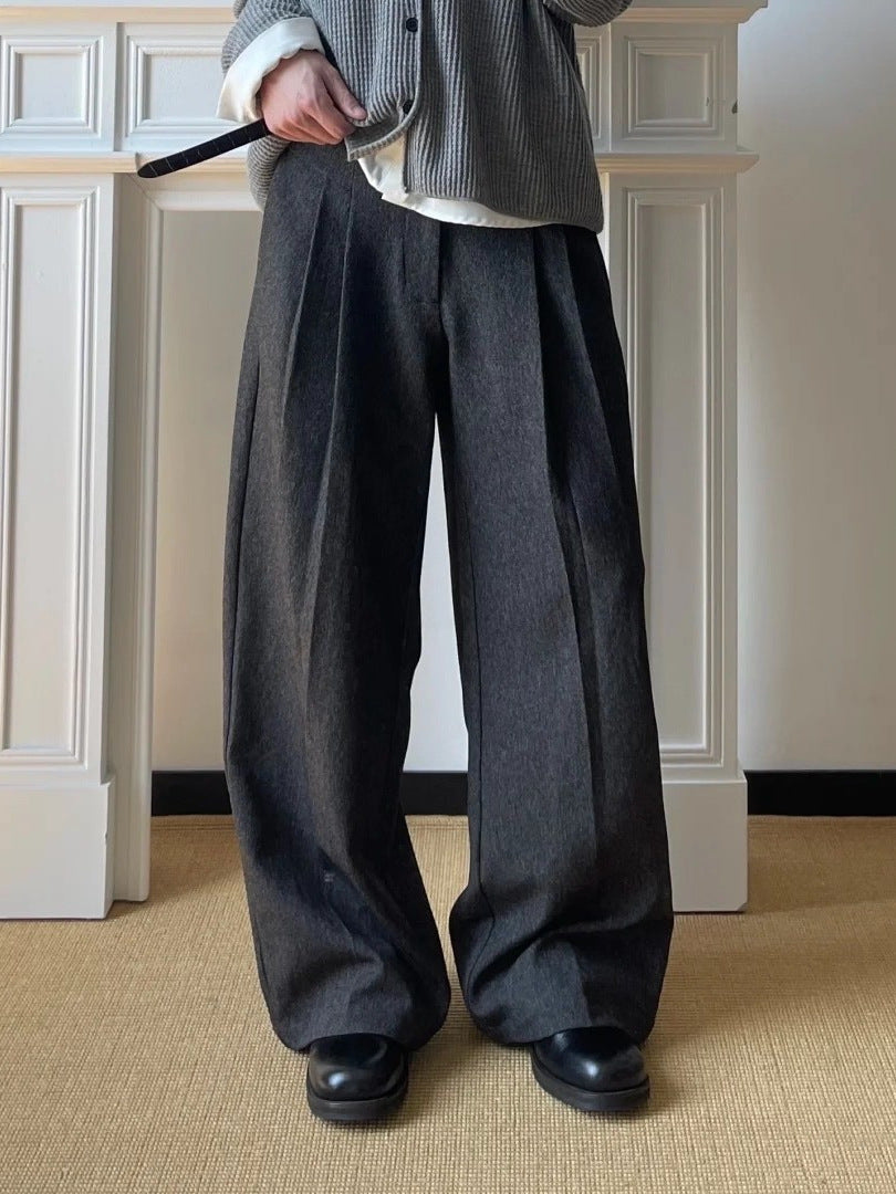 Pantalones casuales de corte en A, pernera ancha y doble pinza