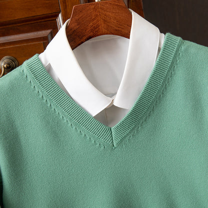 Sueter de punto con cuello en V para hombre ? Camiseta ligera de corte recto con cuello alto para estilo casual-formal